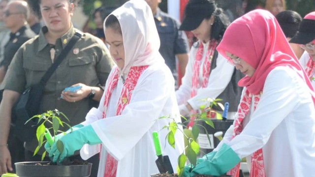 Iriana Jokowi membukan kegiatan gerakan tanam cabai serentak se-Indonesia di Alun-alun Cirimekar, Cibinong, Kabupaten Bogor, Senin (4/3/2024). Foto: kumparan