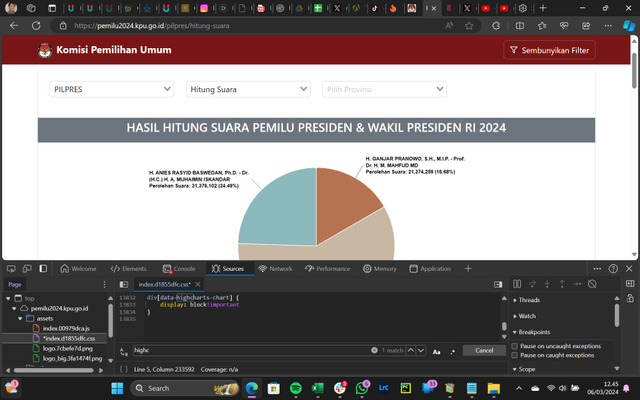 Diagram suara di Sirekap KPU masih bisa diakses melalui inspect element