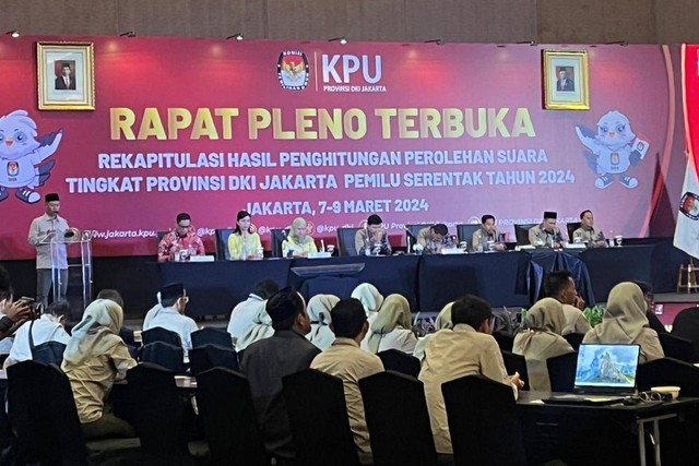 Rapat pleno terbuka rekapitulasi hasil perhitungan perolehan suara tingkat provinsi DKI Jakarta di Hotel Pullman, Jakarta Barat, Kamis (7/3/2024). Foto: Haya Syahira/kumparan