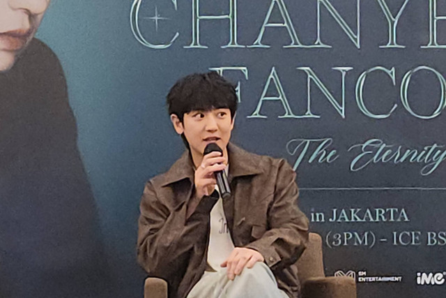 Chanyeol EXO saat menggelar konferensi pers jelang fancon the Eternity in Jakarta di ICE BSD, Sabtu (9/3/2024). Foto: Ela Nurlaela/kumparan