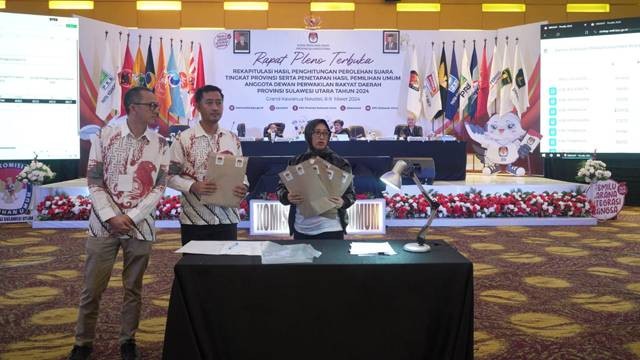 Rapat Pleno Rekapitulasi Penghitungan Suara Pemilu 2024 yang digelar KPU Sulawesi Utara