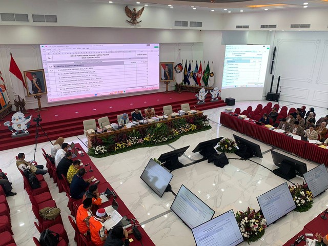 Suasana rapat pleno terbuka rekapitulasi tingkat nasional di Ruang Sidang lantai 2 Kantor KPU RI, Jakarta, Selasa (12/3/2024). Foto: Luthfi Humam/kumparan
