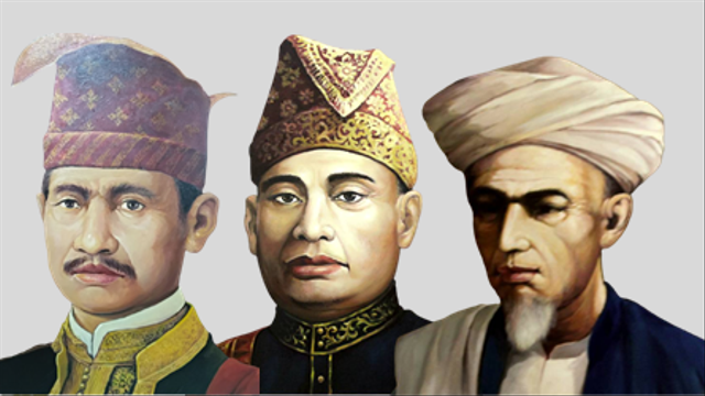 Pahlawan Nasional Sultan Mahmud Riayat Syah (kiri), Raja Haji Fisabilillah (tengah), Raja Ali Haji (kanan). Foto: Kemsos/kepripedia.com
