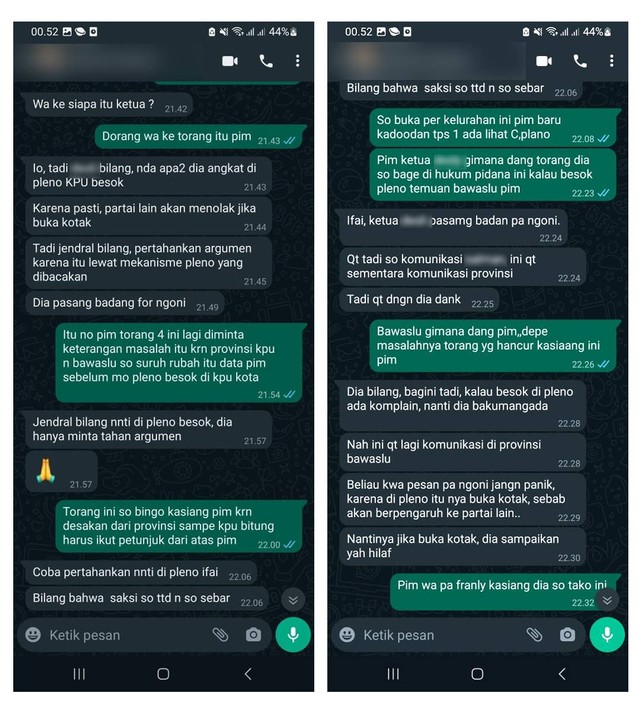 Bukti percakapan whatsapp terkait pergeseran suara di Kota Bitung pada Pemilu 2024