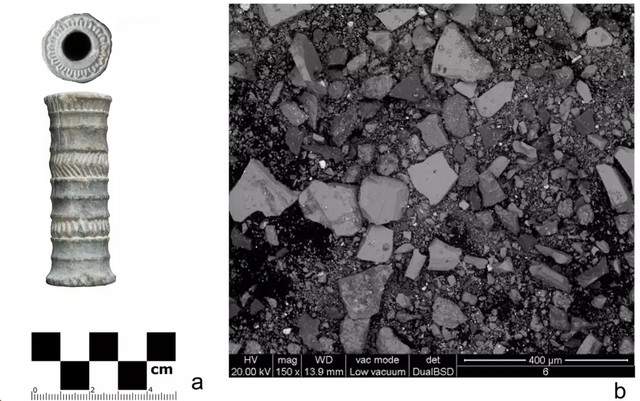 Tabung batu ini ditemukan mengandung pigmen yang mungkin merupakan lipstik tertua, kata para peneliti. Foto: M. Vidale, F. Zorzi/Scientific Reports 2023