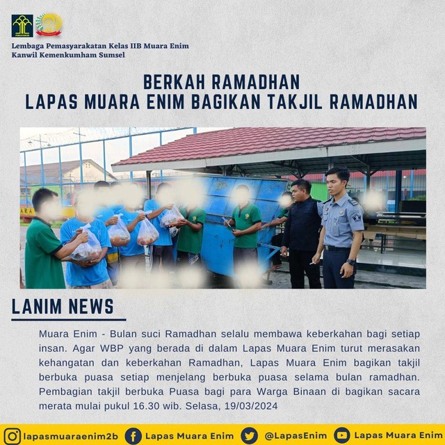 Berkah Ramadhan Lapas Muara Enim Bagikan Takjil Ramadhan Kumparan Com