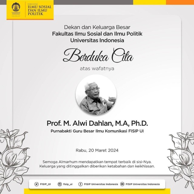 Prof Alwi Dahlan meninggal dunia. Foto: dok. FISIP UI