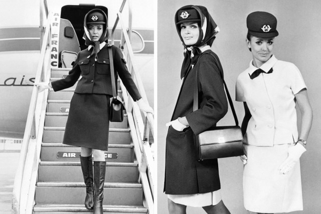 Kombinasi gambar yang diambil pada tanggal 9 Desember 1968 menunjukkan pramugari Air France mengenakan seragam baru perusahaan yang dibuat oleh desainer Balenciaga. Foto: AFP