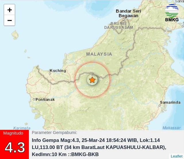 Gempa Tektonik guncang Kabupaten Kapuas Hulu, Kalbar malam ini. Foto: Dok. Instagram @BMKG-KALBAR