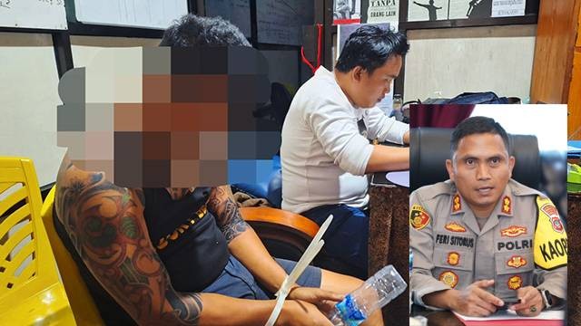 Pelaku pembunuhan di SPBU Kapitu saat diinterogasi polisi. (Inzet: Kapolres Minahasa Selatan, AKBP Feri R Sitorus)