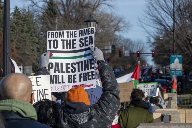 Protesters at a pro-Palestinian, anti-Israel rally in St. Paul, Minnesota, November 19, 2023. (Michael Siluk/UCG/Universal Images Group via Getty Images/ via JTA)