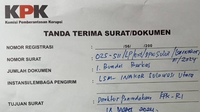 Tanda terima KPK setelah menerima surat yang dilayangkan LSM Inakor terkait dugaan korupsi dana Anjungan Provinsi Sulawesi Utara di Taman Mini Indonesia Indah (TMII). 