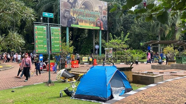 Pengunjung piknik hingga dirikan tenda di Taman Margasatwa Ragunan, Jakarta, Kamis (11/4/2024). Foto: Haya Syahira/kumparan