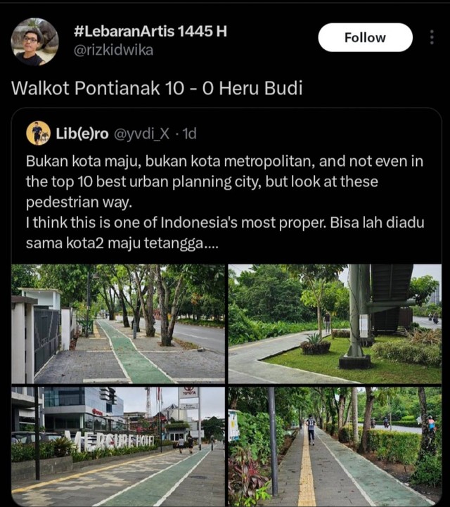 Viral di X yang menyebutkan trotoar Kota Pontianak lebih bagus dari yang ada di Jakarta. Foto: Dok. akun @fessponti