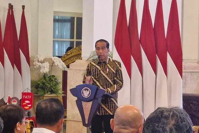 Presiden Jokowi di Peringatan 22 Tahun Gerakan Nasional Anti Pencucian Uang dan Pencegahan Terorisme (APU PPT) Selasa (17/4/2024) Foto: Nadia Riso/kumparan