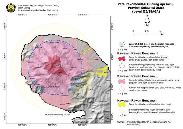 Peta rekomendasi kawasan rawan bencana Gunung Awu di Kabupaten Sangihe, Sulawesi Utara. (Dok: PVMBG)