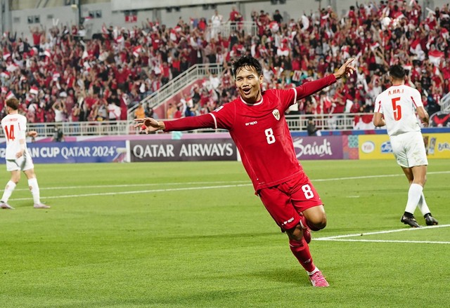 Selebrasi Witan Sulaeman saat laga Timnas U-23 Indonesia vs Yordania U-23 dalam matchday ketiga Grup A Piala Asia U-23 2024 di Abdullah bin Khalifa Stadium, Doha, Qatar, pada Minggu (21/4/2024) malam WIB. Foto: Dok PSSI