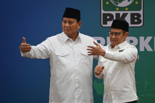 Presiden terpilih periode 2024-2029 Prabowo Subianto (kiri) berdiri bersama Ketua Umum Partai Kebangkitan Bangsa (PKB) Muhaimin Iskandar (kanan) usai melakukan pertemuan di Kantor DPP PKB, Jakarta, Rabu (24/4/2024). Foto: Aditya Pradana Putra/ANTARA FOTO