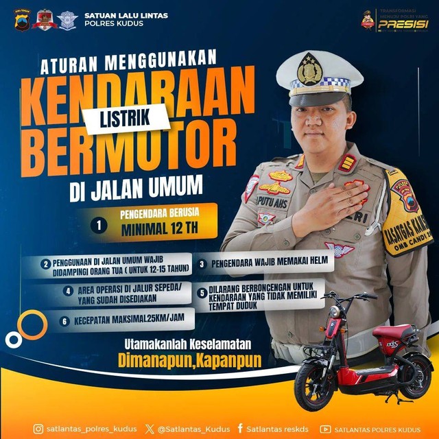 Satuan Lalu Lintas Polres Kudus memberikan himbauan mengenai Kendaraan Listri Bermotor di Jalan Umum. Foto: Instagram@satlantas_polres_kudus