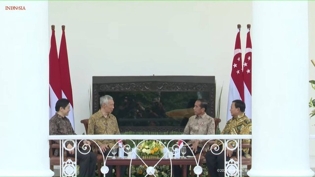Presiden Joko Widodo (kedua dari kaka) didampingi Presiden terpilih Prabowo Subianto (kanan) menerima kunjungan PM Singapura, di Istana Kepresidenan Bogor, 29 April 2024. Foto: Dok. Sekretariat Presiden