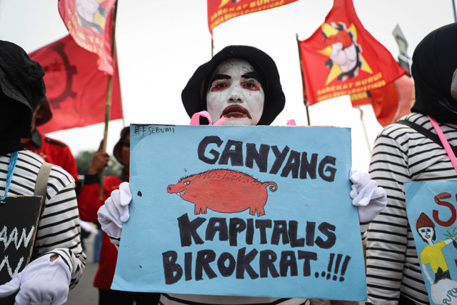 Massa buruh di demo May Day, di Patung Kuda, Jakarta Pusat, Rabu (1/5/2024). Foto: Iqbal Firdaus/kumparan
