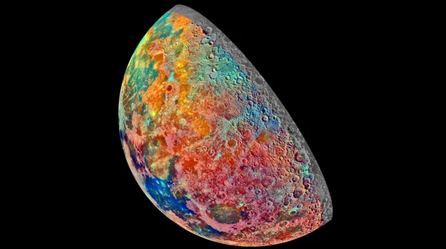 Peta Bulan berwarna yang ditangkap oleh sistem pencitraan Galileo NASA.  Foto: NASA/JPL-Caltech