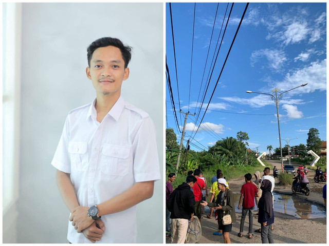 Reza Azis Mukti selaku perwakilan Advokasi Rakyat Untuk Nusantara dan salah satu jalan rusak yang ada di daerah Kabupaten Lampung Timur. | Foto: Ist