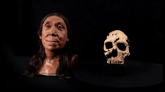 Wajah seorang wanita Neanderthal bernama Shanidar Z berusia 750.000 tahun yang direkonstruksi ulang.  Foto: University of Cambridge/Jamie Simonds