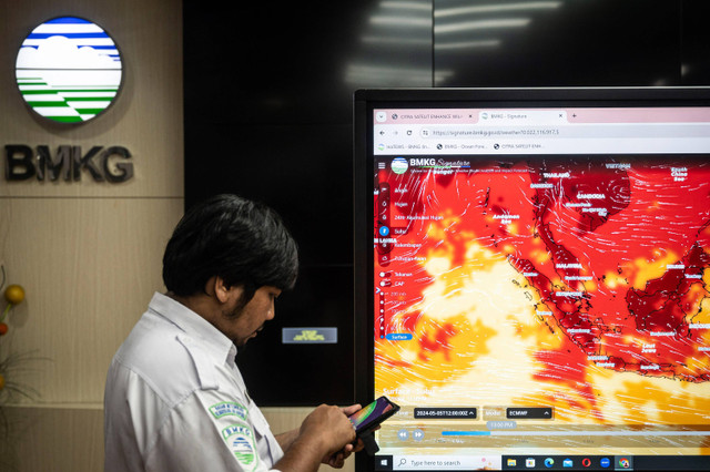 Petugas Badan Meteorologi, Klimatologi, dan Geofisika (BMKG) berada di dekat layar yang menunjukkan pantauan suhu udara di Kantor BMKG, Jakarta, Senin (6/5/2024). Foto: Aprillio Akbar/ANTARA FOTO