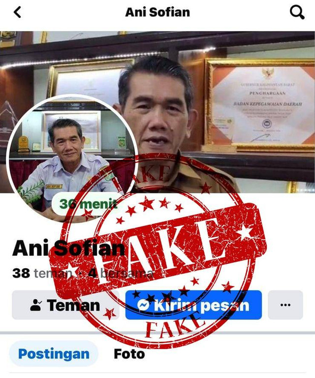 Akun Facebook yang mengatasnamakan Pj Wali Kota Pontianak, Ani Sofian. Foto: Dok. Prokopim Pemkot Pontianak