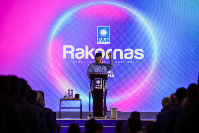 Presiden terpilih 2024-2029 Prabowo Subianto menghadiri bimbingan teknis (Bimtek) dan Rapat Koordinasi Nasional (Rakornas) Pilkada Partai Amanat Nasional (PAN) di Hotel JS Luwansa, Jakarta Selatan, Kamis (9/5/2024). Foto: Jamal Ramadhan/kumparan