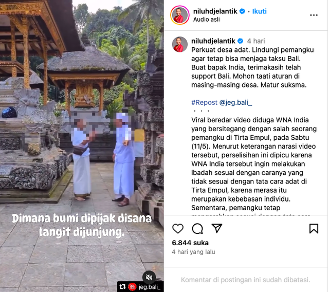 Tangkapan layar postingan instagram Ni Luh Jelantik. Foto: Istimewa