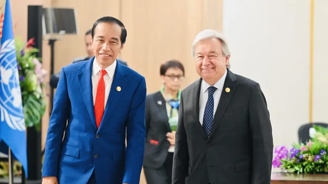 Presiden Jokowi menggelar pertemuan bilateral dengan Sekjen PBB Antonio Guterres di JCC Senayan Jakarta, Kamis (7/9/2023). (Laily Rachev - Biro Pers Sekretariat Presiden))