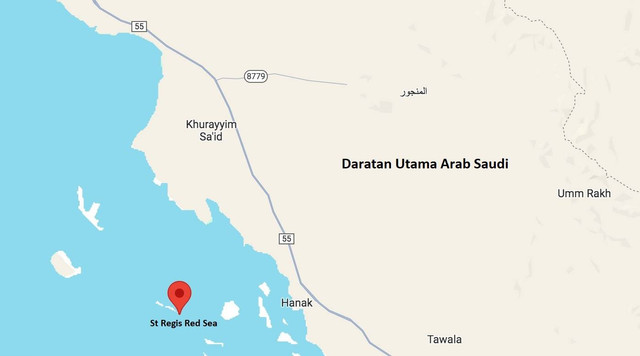 Red Sea Fashion Week 2024 digelar St Regis Red Sea di pulau privat yang terpisah dari daratan utama Arab Saudi. Foto: Google Maps