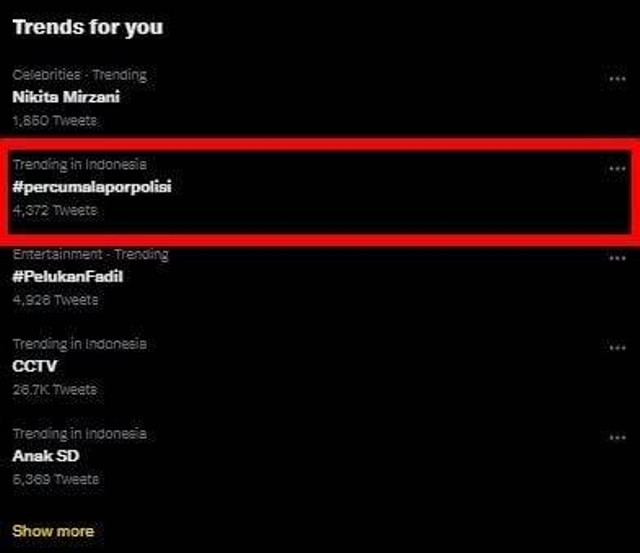 Tagar #percumalaporpolisi trending di Twitter pada 21Mei 2022. Sc: Twitter