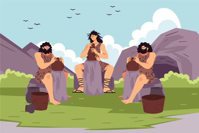 Manusia Neolitikum. Gambar Oleh Freepik:https://www.freepik.com/free-vector/flat-neolithic-people-illustration_37447155.htm#fromView=search&page=2&position=11&uuid=a9c9e329-b0b8-414a-858c-c036a9f9d379