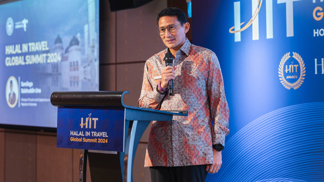 Menparekraf Sandiaga Uno saat memberikan sambutan di ajang Mastercard-CrescentRating Global Muslim Travel Index (GMTI) 2024, Kamis (31/5). Foto: Dok. Istimewa