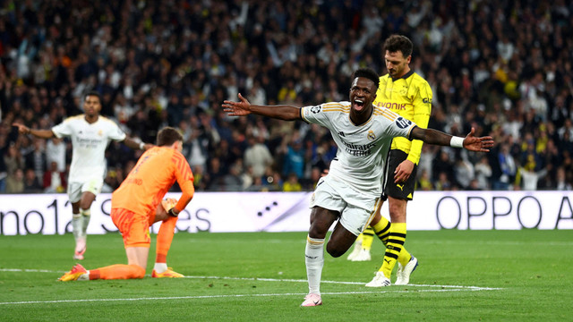 Vinicius Junior cetak gol saat laga Real Madrid vs Borussia Dortmund dalam final Liga Champions 2023/24 di Stadion Wembley, Inggris, Minggu (2/6) dini hari WIB. Foto: REUTERS/Carl Recine