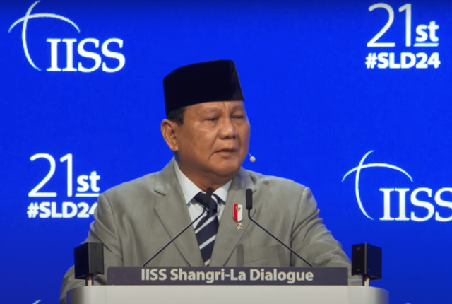 Menhan Prabowo Subianto pidato di IISS Singapura, 1 Juni 2024. Foto: YouTube/@IISSorg