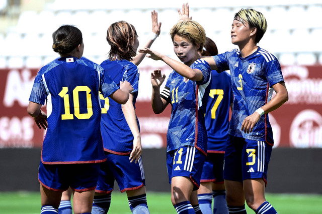 Timnas Wanita Jepang pada laga persahabatan melawan Selandia Baru di stadion Nueva Condomina, Murcia pada 31 Mei 2024. Foto: JOSE JORDAN / AFP