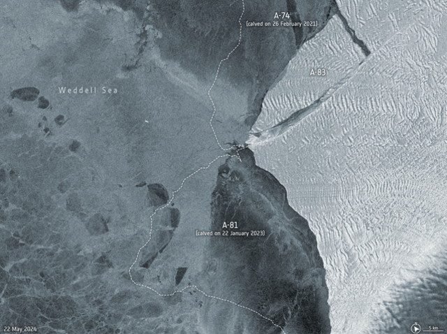 Gunung es raksasa A-83 di Antartika pecah.  Foto: ESA/Copernicus Sentinel