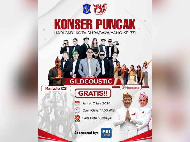 Puncak Ultah Surabaya, Hari Ini Ada Konser Musik Gratis di Balai Kota