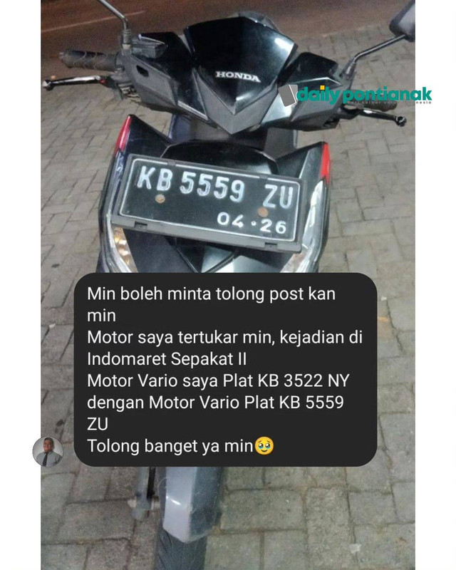 Sepeda motor pelanggan Indomaret di Pontianak tertukar. Foto: Dok. Instagram @dailypontianak