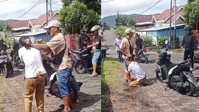 Foto kolase aksi pria di Bitung yang menganiaya perempuan mantan istrinya. Aksi penganiayaan ini dipicu karena pelaku marah tak diberi uang oleh korban.