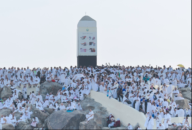 Jemaah haji 2024 berkumpul di Jabal Rahmah di Arafah untuk wukuf, Sabtu (15/6/2024). Foto: Haj Ministry KSA