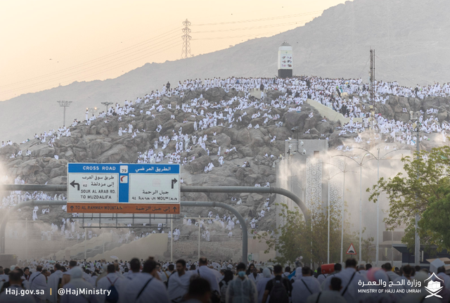 Jemaah haji 2024 berkumpul di Jabal Rahmah di Arafah untuk wukuf, Sabtu (15/6/2024). Foto: Haj Ministry KSA