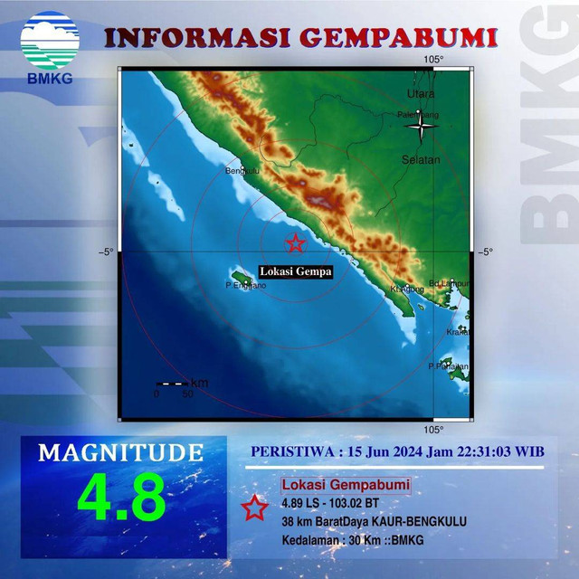 Gempa 4.8 M di Bengkulu terasa hingga Lampung, Sabtu (15/6/2024) | Foto: BMKG