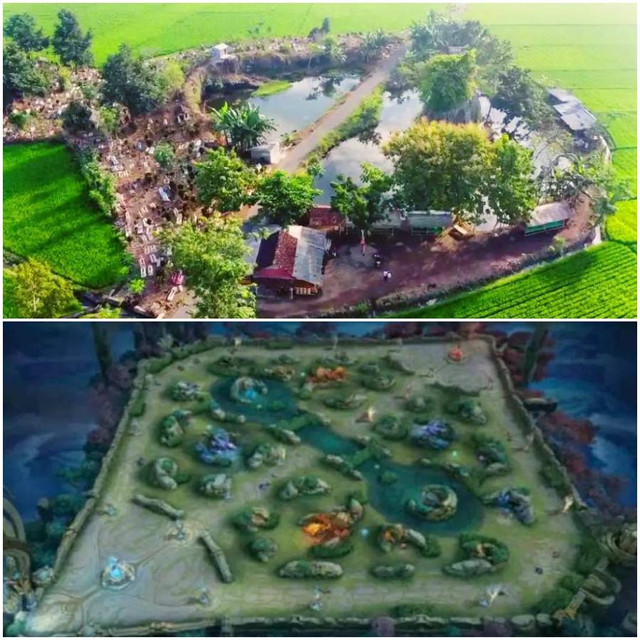 Perbandingan antara kolam pemancingan di Jember dengan map di Mobile Legends. Dok: mili.id/Mobile Legends