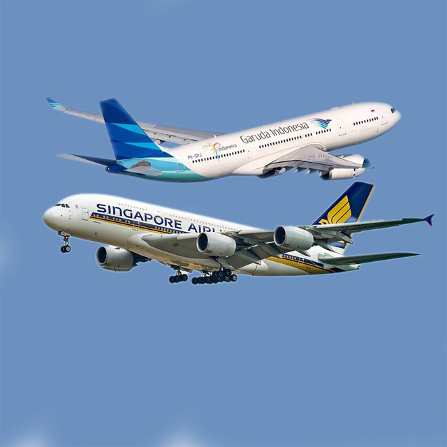 Pesawat Garuda Indonesia dan Pesawat Singapore Airlines. Foto: Ryan Fletcher/Shutterstock Andrei Armiagov/Shutterstock