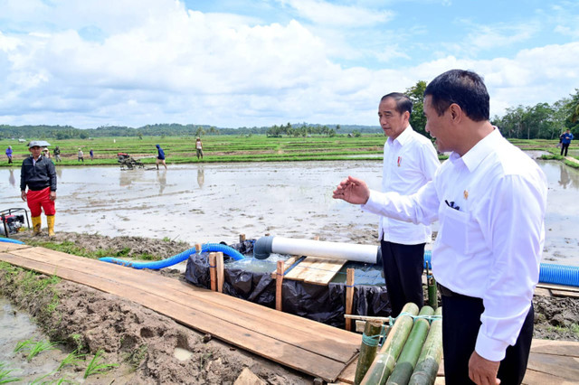 Presiden Joko Widodo meninjau langsung pelaksanaan pemberian bantuan 300 unit pompa untuk pengairan sawah dan pertanian (pompanisasi) di Desa Jaling, Kabupaten Bone, Provinsi Sulawesi Selatan, Kamis (4/7/2024). Foto: Muchlis Jr/Biro Pers Sekretariat Presiden